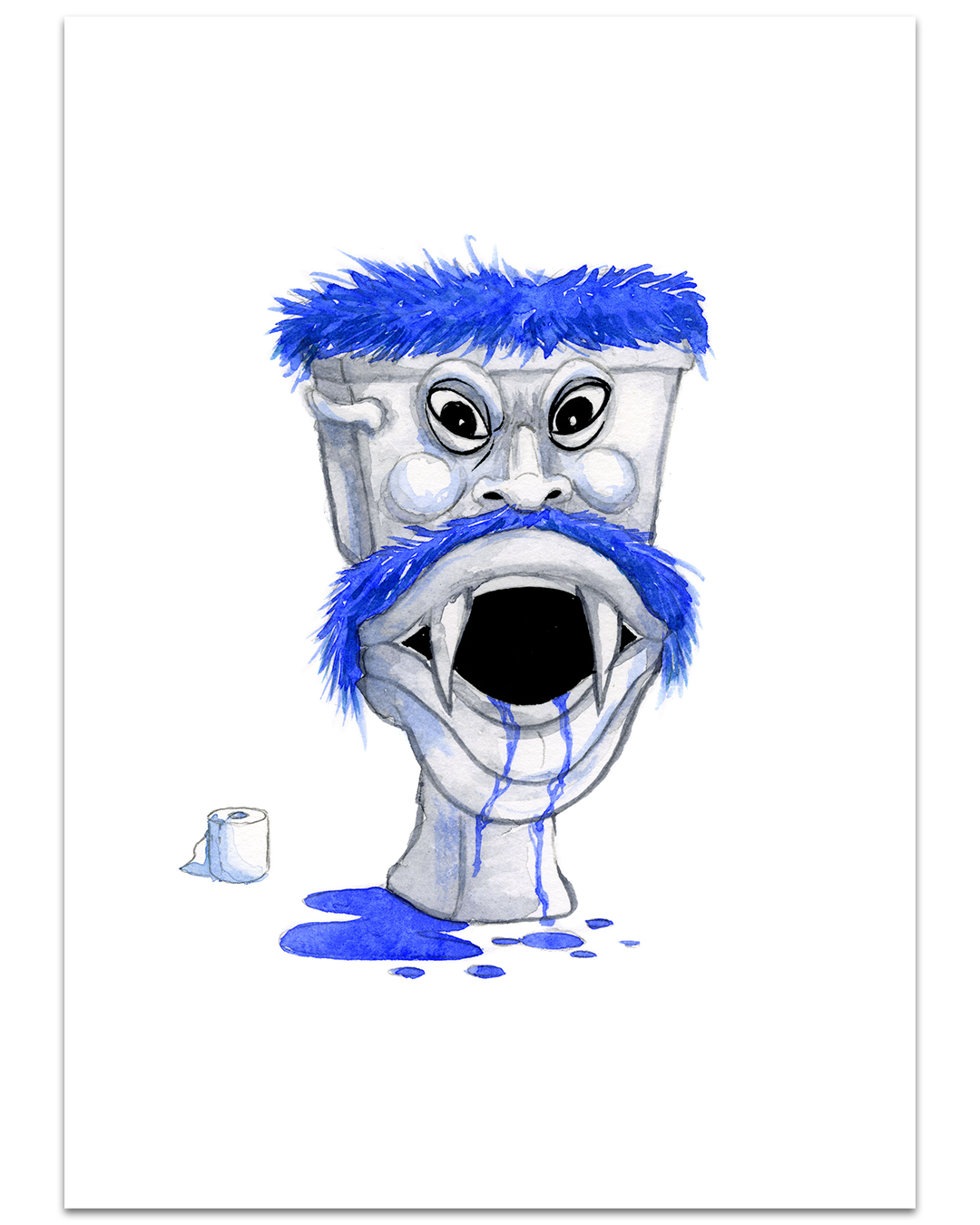 An evil toilet illustration with eyes, an open mouth, and blue furry eyebrows, mustache, and beard spills blue liquid on the floor. A small roll of toilet paper is nearby. This whimsical piece captures the vibrant style of Alex Pardee in archival pigment prints produced by the brand named Alex Pardee.