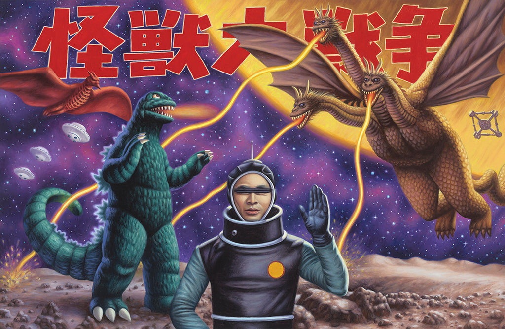 Painting of Godzilla, a three headed flying monster and another flying monster fighting in outer space with a man in a space suite with his hand raised