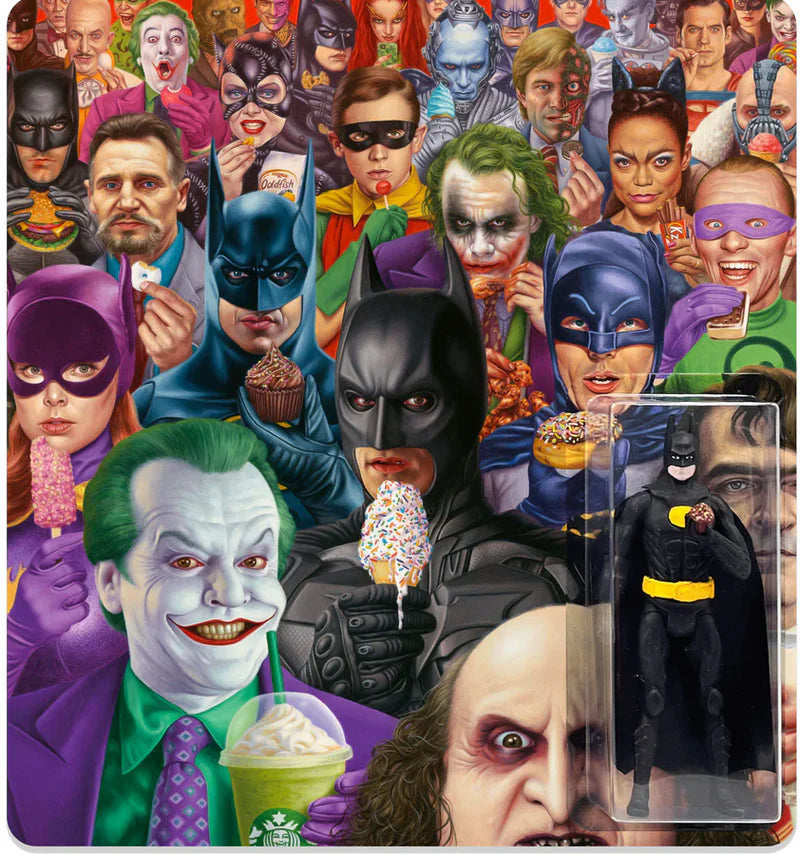 Collage of various characters with a Batman action figure in the corner.