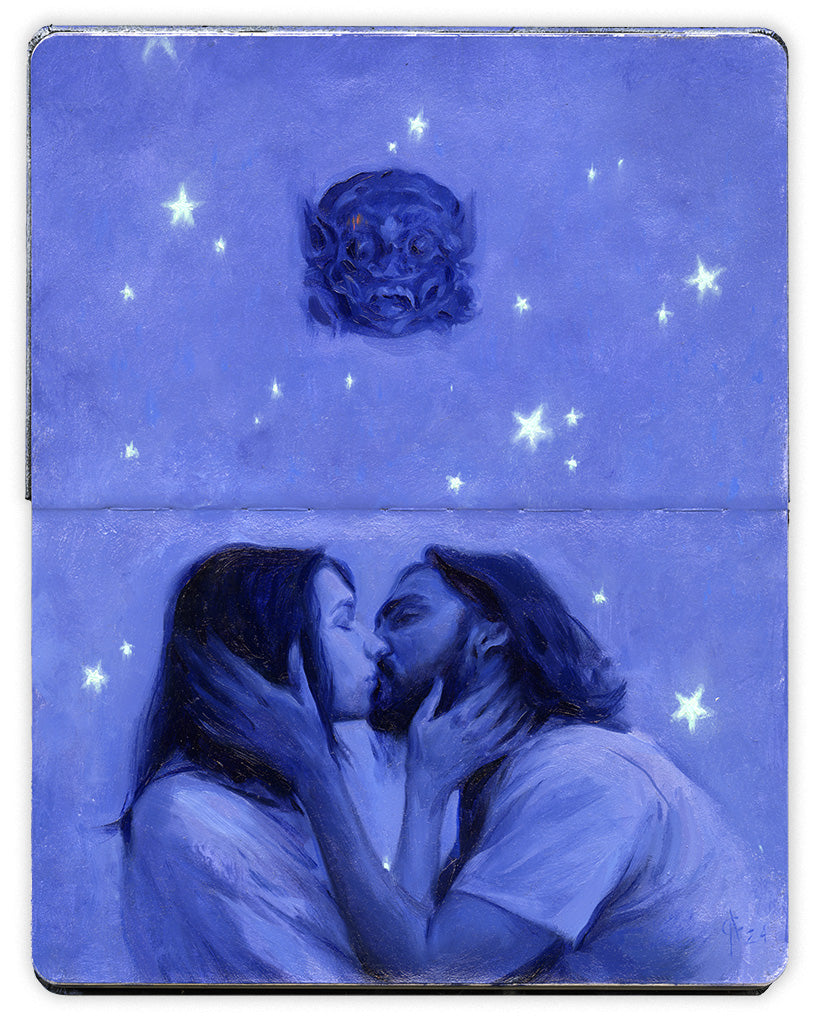 oil painting on an open face Moleskine notebook of a couple kissing against a purple background with a mask above them and small white stars around them by artist Alexandre Clair