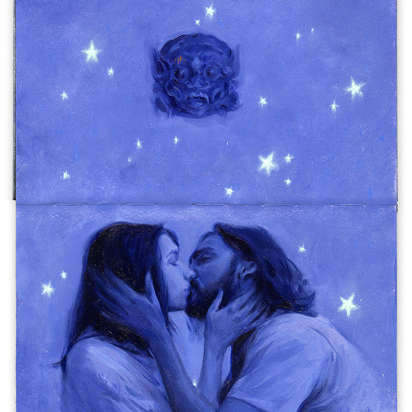 oil painting on an open face Moleskine notebook of a couple kissing against a purple background with a mask above them and small white stars around them by artist Alexandre Clair