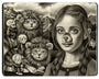 Graphite and charcoal drawing of a girl with french braids and a cat-like nose against a mountain range. Besides her are two cats that resemble lions and three small skeleton figures on a Moleskine Notebook by artist Amandine Urruty