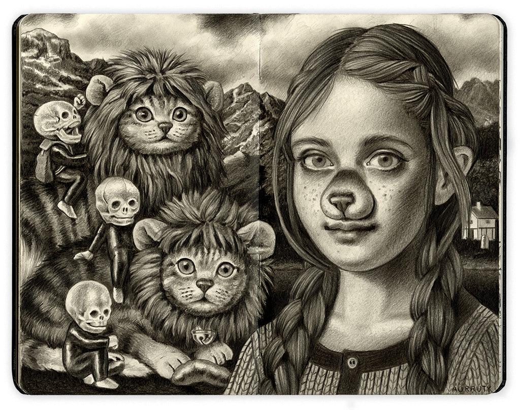 Graphite and charcoal drawing of a girl with french braids and a cat-like nose against a mountain range. Besides her are two cats that resemble lions and three small skeleton figures on a Moleskine Notebook by artist Amandine Urruty