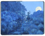 Painting of a girl walking down a path surrounded by dense bushes and plants with a large illuminated full moon in the background on a Moleskine notebook by artist Amy Sol