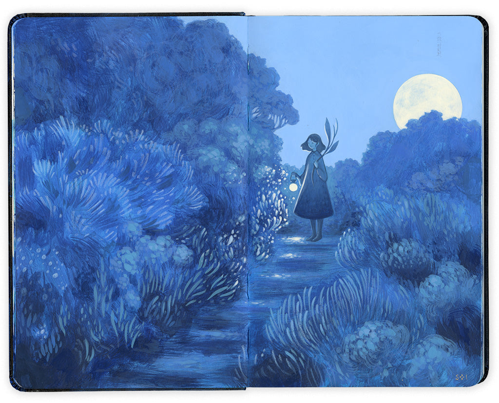 Painting of a girl walking down a path surrounded by dense bushes and plants with a large illuminated full moon in the background on a Moleskine notebook by artist Amy Sol