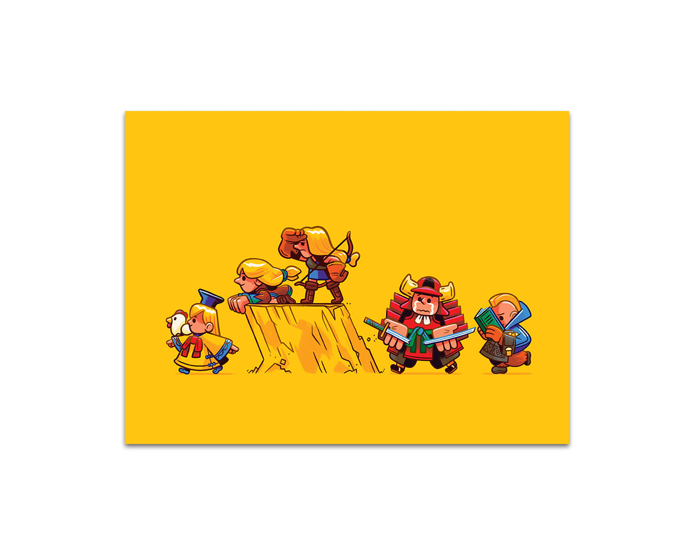 Five cartoon characters in colorful costumes stand together on a bright yellow background, with one elevated on a tree stump—an imaginative scene by Andrew Kolb.