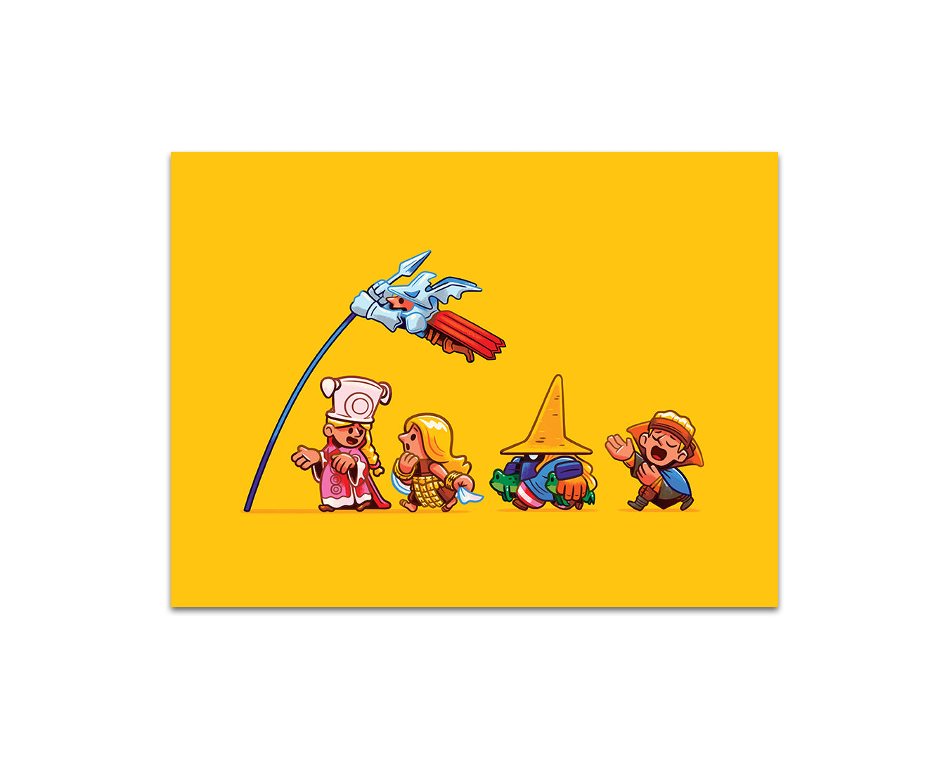 Four cartoon fantasy characters, inspired by Final Fantasy Tactics and Andrew Kolb, stand in a line on yellow with a blue bird above. One waves while others look up. Available as archival pigment prints from Andrew Kolb.