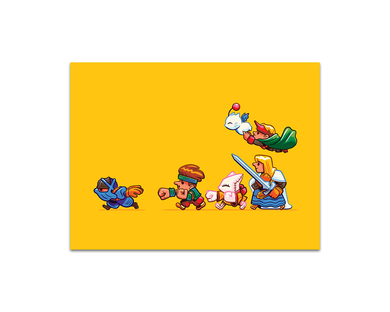 A group of five colorful, cartoon-style fantasy characters inspired by Final Fantasy Tactics march together on a bright yellow background in Andrew Kolb’s playful style—ideal for archival pigment prints.