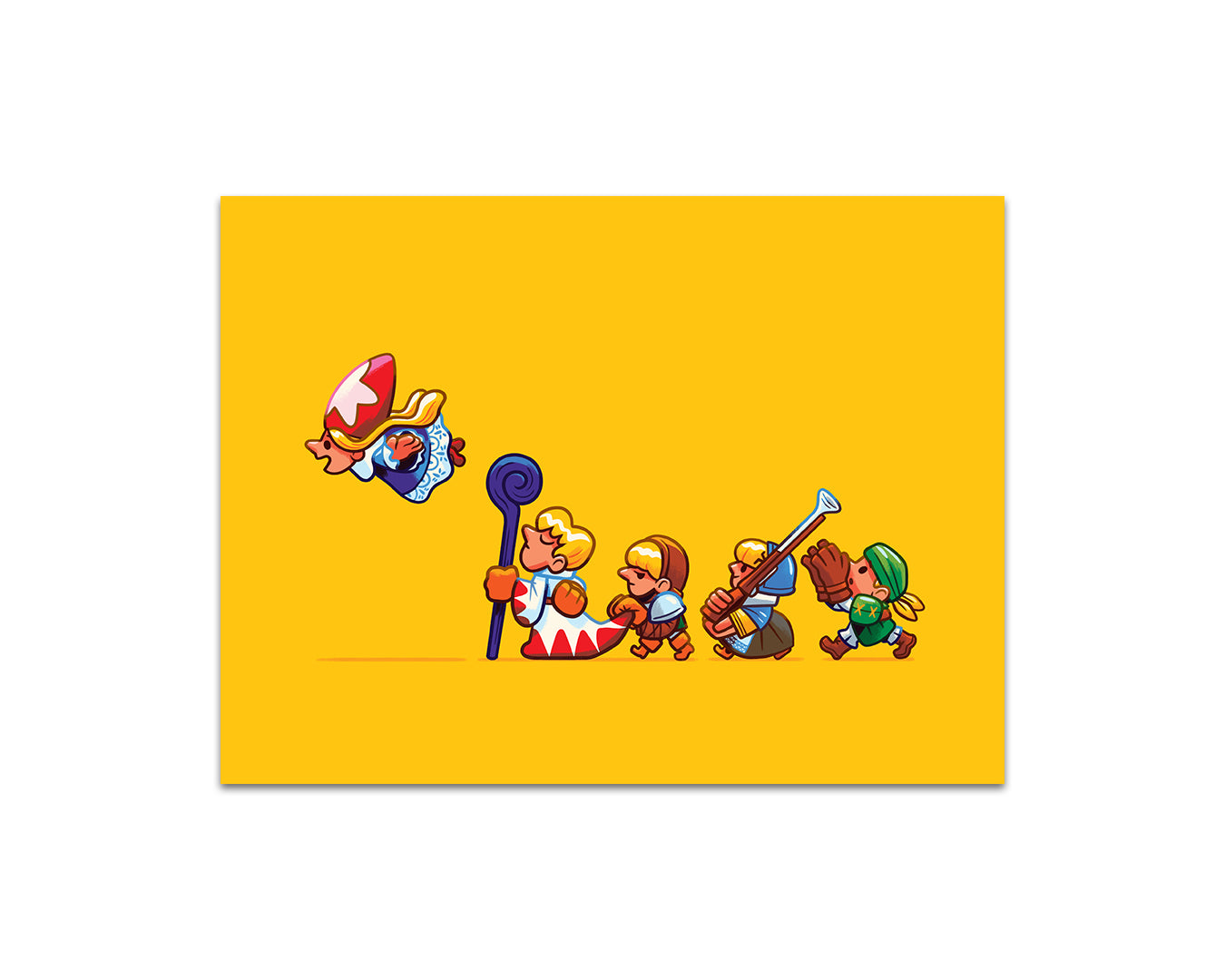 Four cartoon heroes in medieval gear, inspired by Final Fantasy Tactics, march on yellow to battle a clownish boss. This playful scene echoes Andrew Kolb’s style and is available as archival pigment prints from Andrew Kolb.
