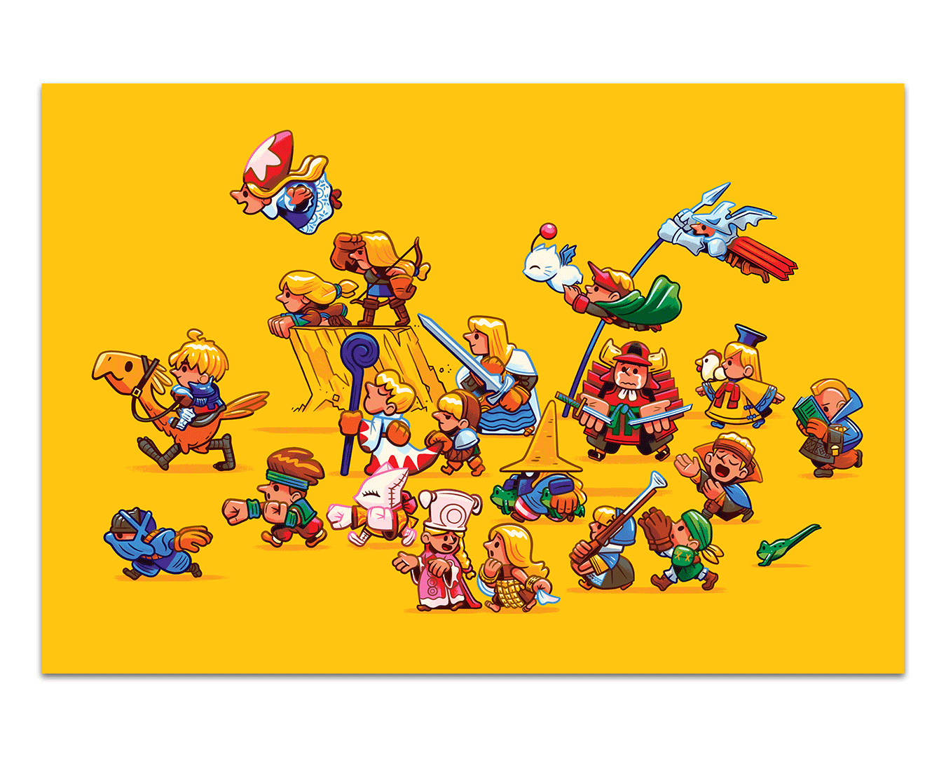 A vibrant cast of Andrew Kolb’s cartoon characters—fantasy knights, wizards, and archers—pose dynamically on a bright yellow background, wielding weapons, riding animals, or casting spells in his signature style.