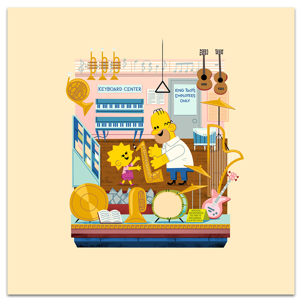 Lisa and Homer Simpson play instruments in a colorful music room inspired by the Teeny Tiny Music Store, with musical notes and equipment in the background, in this vibrant archival pigment print by Andrew Kolb. Brand: Andrew Kolb.