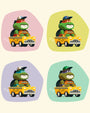 This Andrew Kolb art print features four cartoon ninja turtles in colored masks and caps driving yellow NYC taxis, set against pastel backgrounds for a playful Spoke Art vibe.