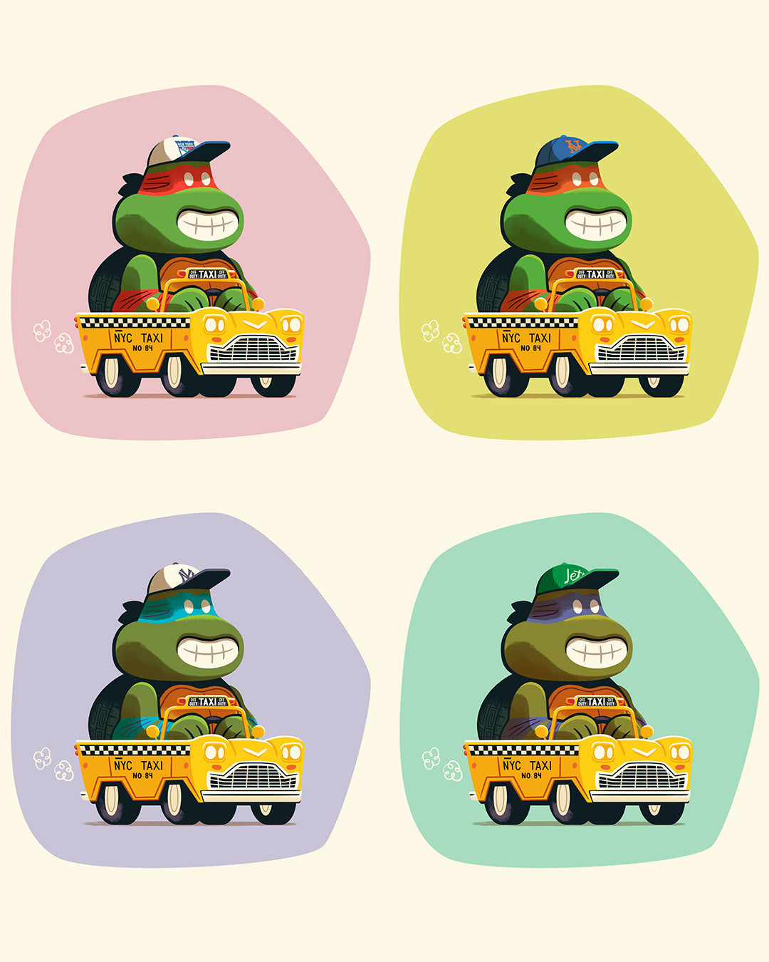 Cartoon turtles in hats and sunglasses drive yellow NYC taxis in this Andrew Kolb archival pigment print. Each TMNT x NYC pair cruises against pastel backdrops—pink, yellow, purple, and light green.
