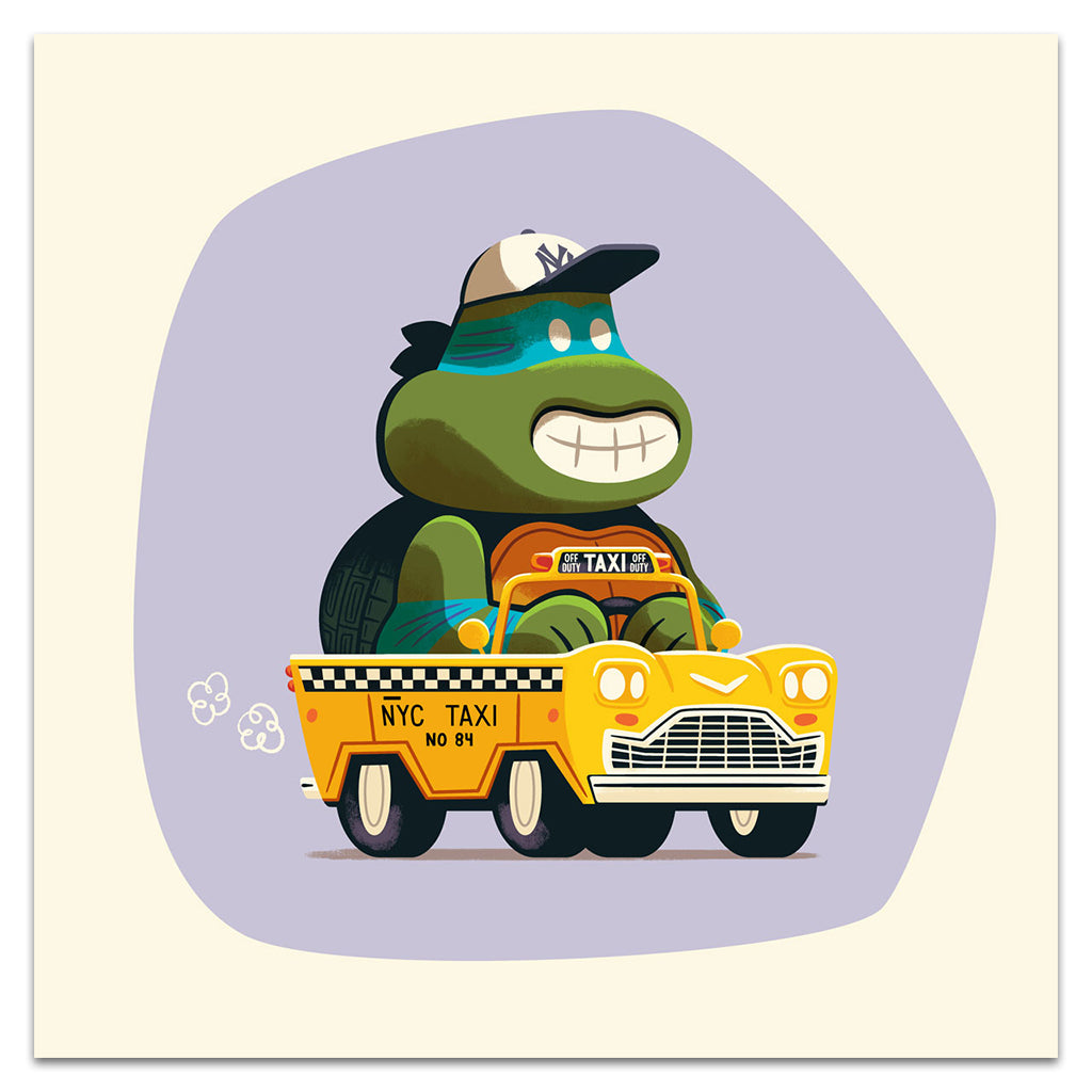 A cartoon turtle wearing a cap grins as he drives a yellow NYC taxi toy, inspired by TMNT art print style from Andrew Kolb. The background is light purple with a cream border and smoke puffs trail behind the car.