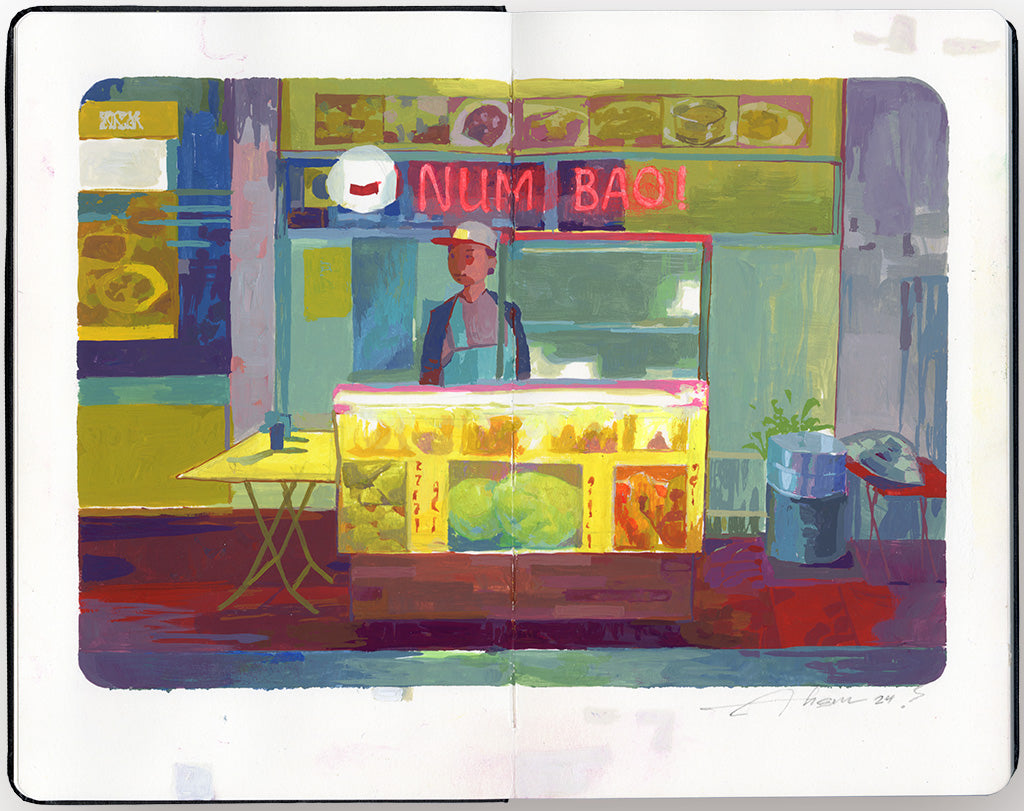 painting on an open face Moleskine notebook depicting a person standing at a restaurant by artist Andrew Hem