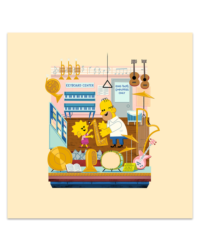 Teeny Tiny Music Store print by Andrew Kolb of a music store with Bart and Lisa Simpson holding a saxophone