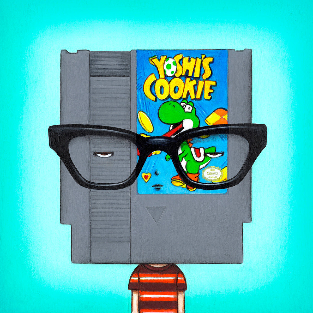 artwork of a game cartridge with glasses and a character figure, featuring 'Yoshi's Cookie' design.