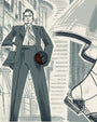 A confident man in a suit stands with one hand in his pocket and the other holding a dark ball. Beside him is a large high-heeled shoe, set against an abstract cityscape inspired by Anne Benjamin's limited edition artwork.
