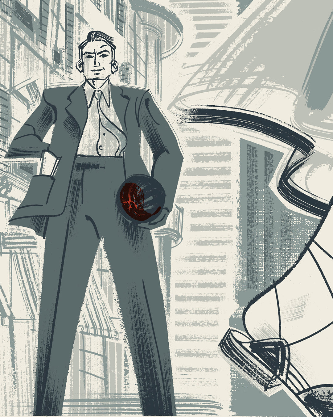 A confident man in a suit stands with one hand in his pocket and the other holding a dark ball. Beside him is a large high-heeled shoe, set against an abstract cityscape inspired by Anne Benjamin's limited edition artwork.