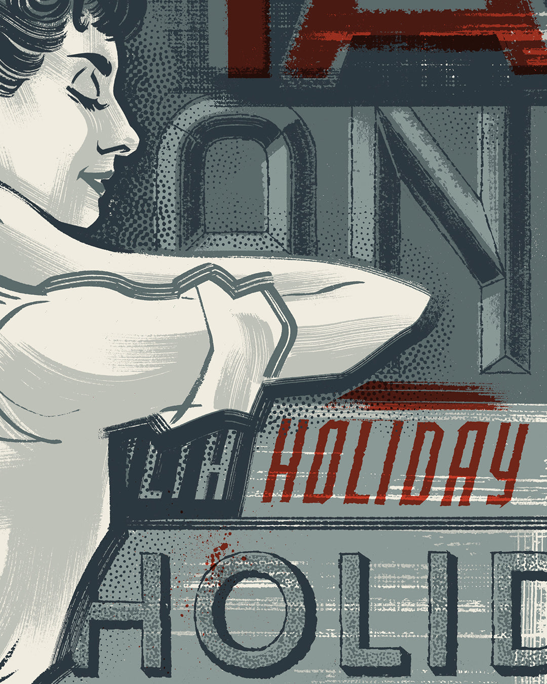 Profile view illustration with closed eyes and raised arms, set before bold red and gray "HOLIDAY" text—echoing Anne Benjamin's iconic style. A must-have collectible for limited edition art enthusiasts and fans of Anne Benjamin.
