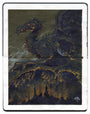 Drawing on an open face Moleskine notebook depicting a large dragon looming above a city in shadows by artist Arik Roper