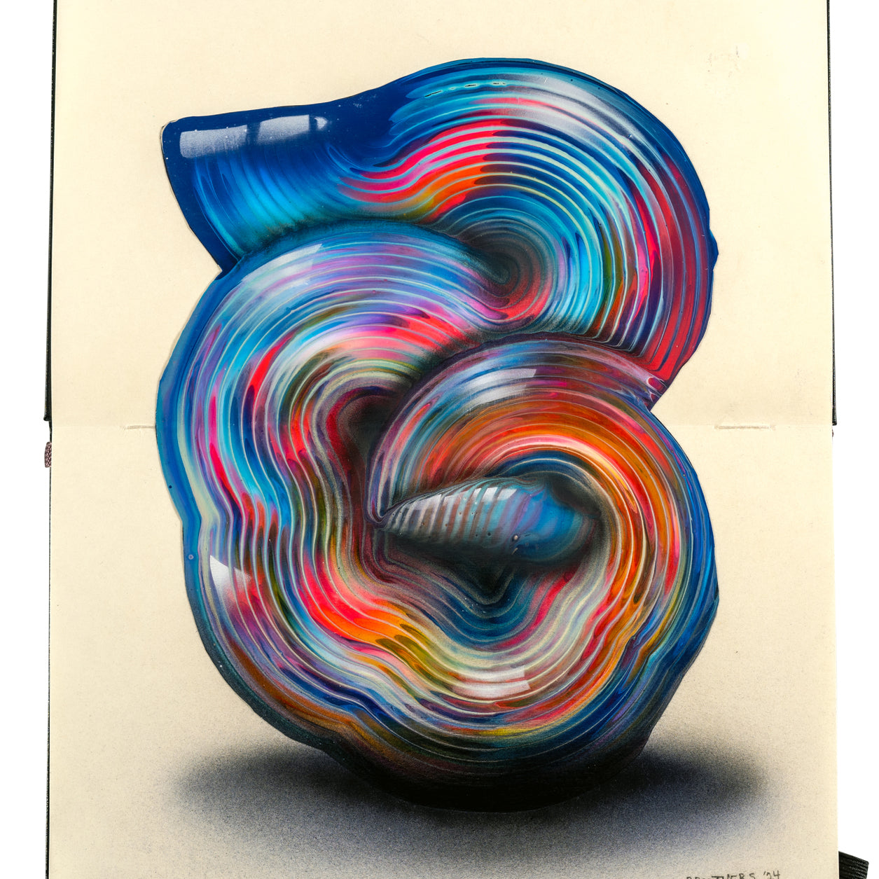 Abstract painting of a blue shell-like spiral with multiple fluorescent hues and faint stripe details on an open Moleskine notebook by artist Arthur Brouthers