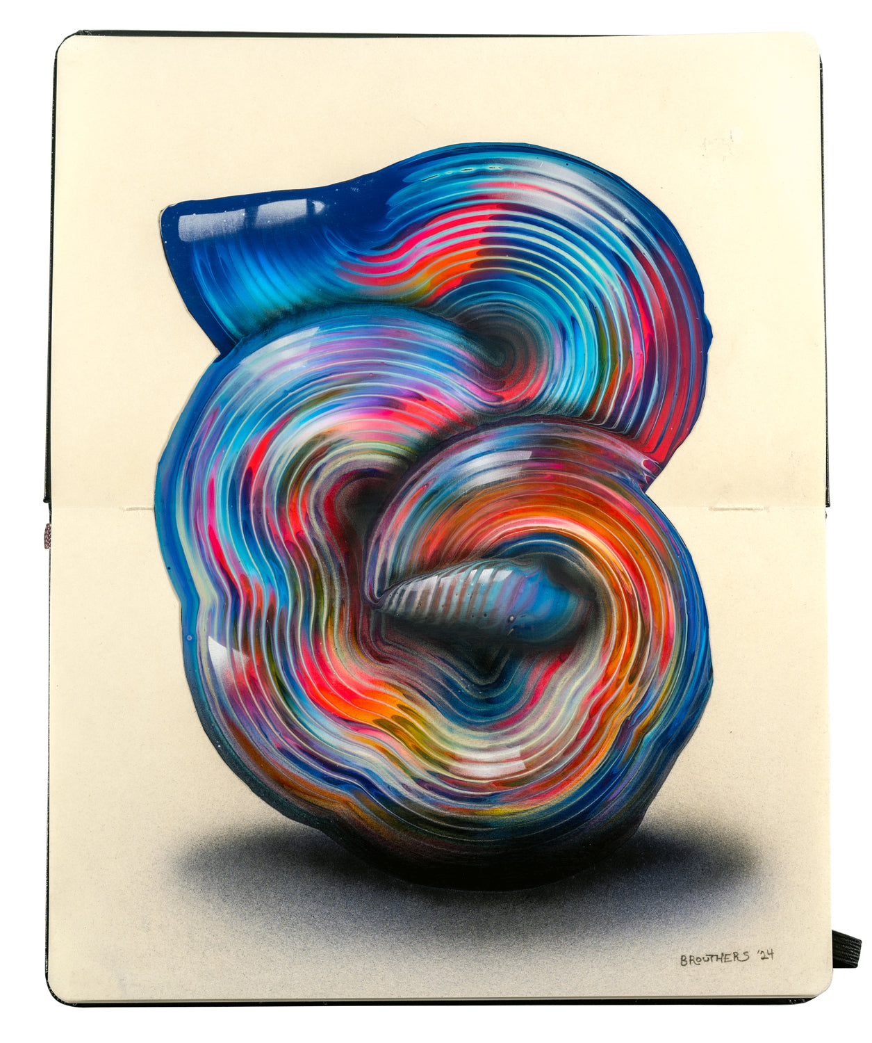 Abstract painting of a blue shell-like spiral with multiple fluorescent hues and faint stripe details on an open Moleskine notebook by artist Arthur Brouthers