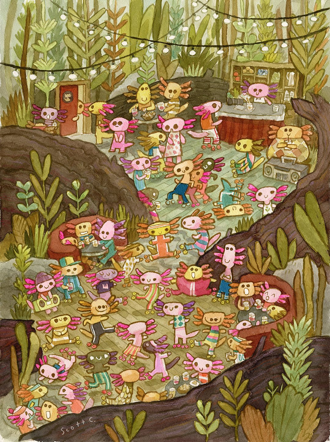 A whimsical outdoor Scott C. Little Axos Roller Party shows colorful, anthropomorphic axolotls dancing among plants and trees, with string lights and a food stand, all in a playful hand-drawn watercolor style.