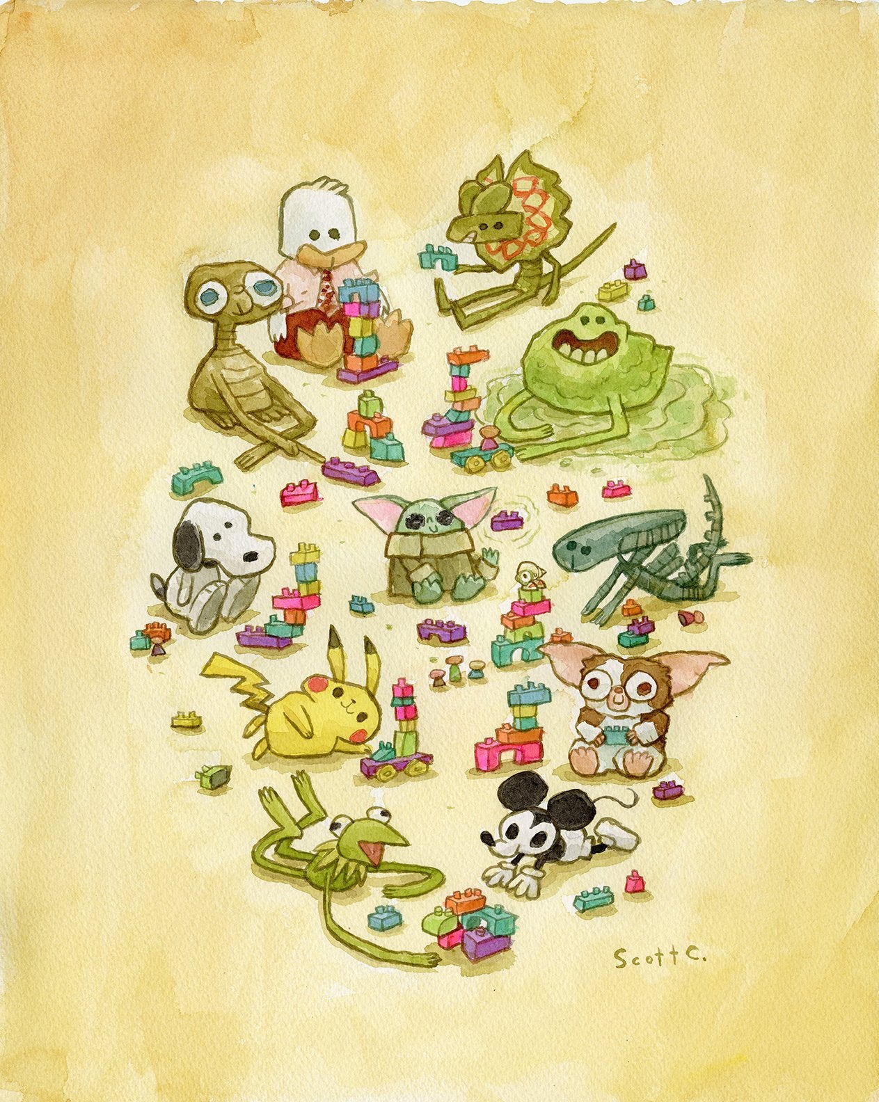 A group of cute, anthropomorphic animal and fantasy characters from Scott C. smile as they build colorful block towers in a circle on a yellow background, creating a whimsical scene with watercolor-inspired artistry.