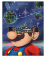 Bailey Race surreal screen print: Mario’s opened head reveals a vivid Super Mario Galaxy-inspired world inside, with planets, stars, and Mario elements floating in a cosmic sky that fuses fantasy and space themes.