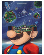 A surreal screen print illustration by Bailey Race features Mario with his head open, revealing a lush landscape inside. Floating above are galaxies, planets, and elements from Super Mario Galaxy set in space. Text is displayed at the top.