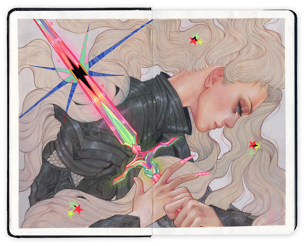 artwork in an open face Moleskine notebook by artist Kelsey Beckett depicting a woman with ash blonde hair holding a neon colored sword