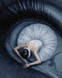 A ballerina in a white tutu rests in the center of a giant human eye, mirroring the shape of the pupil in this Aleksander Walijewski archival pigment print.