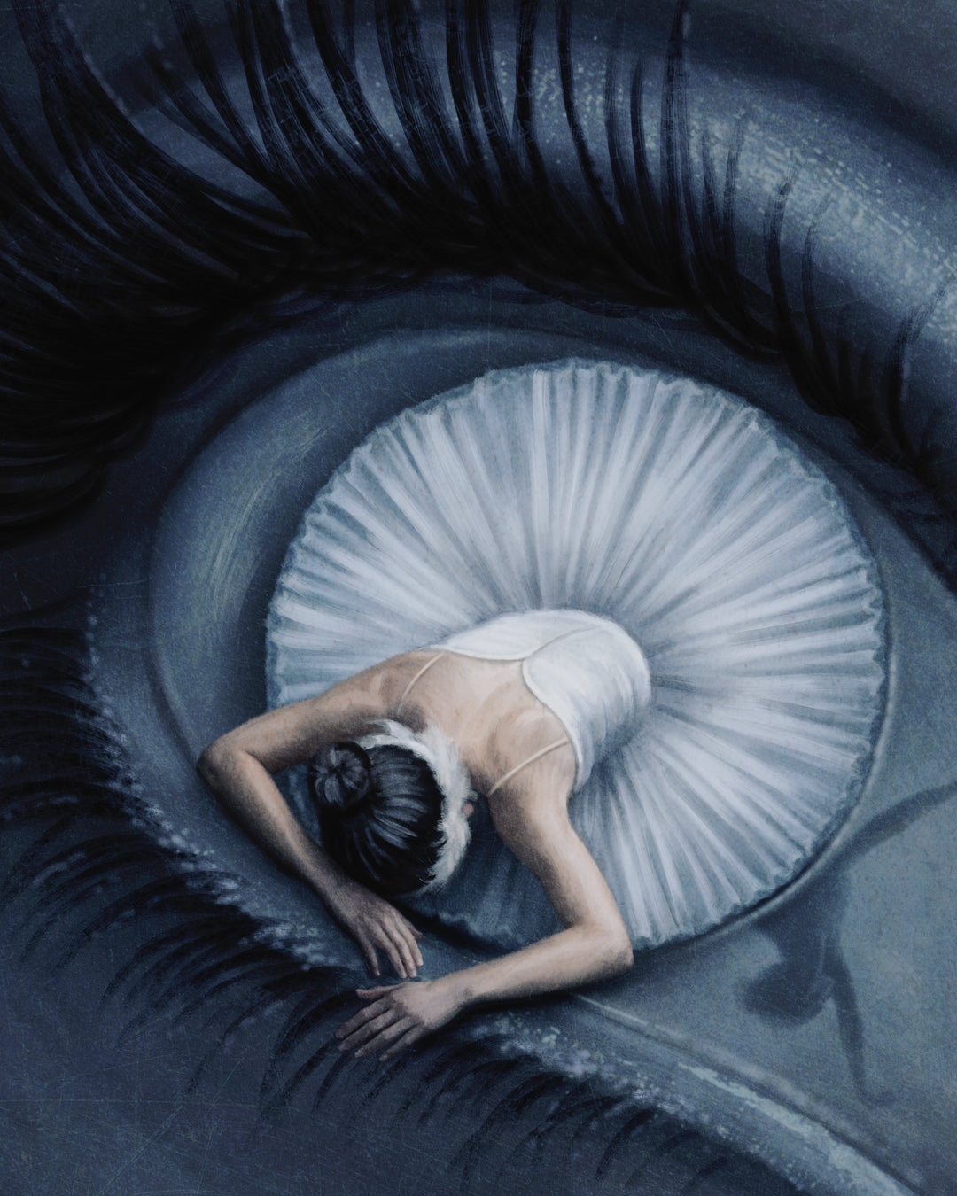 A ballerina in a white tutu rests in the center of a giant human eye, mirroring the shape of the pupil in this Aleksander Walijewski archival pigment print.