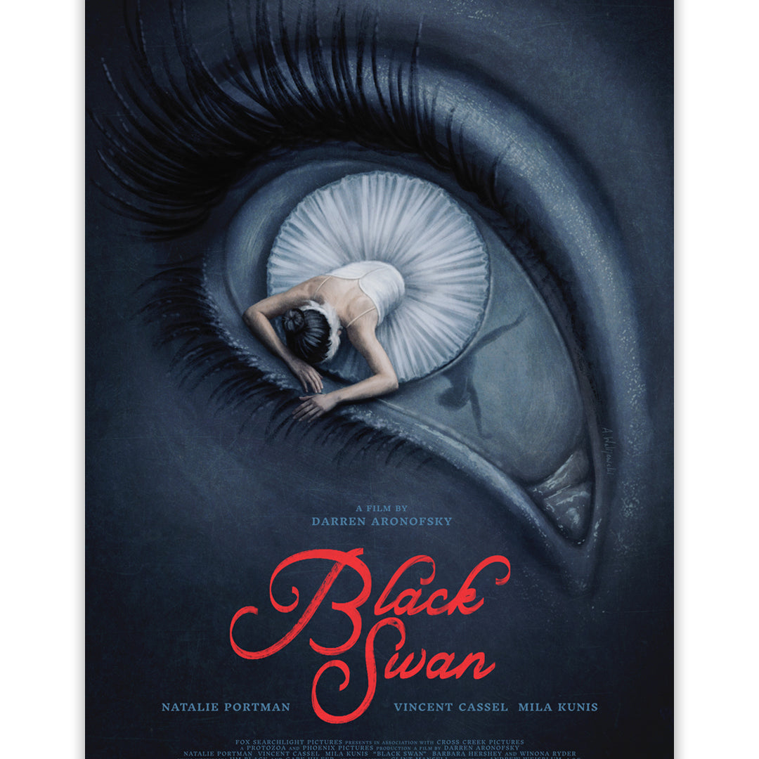 An Aleksander Walijewski Black Swan print featuring a ballerina curled inside a giant human eye, with the movie title in red script at the bottom.
