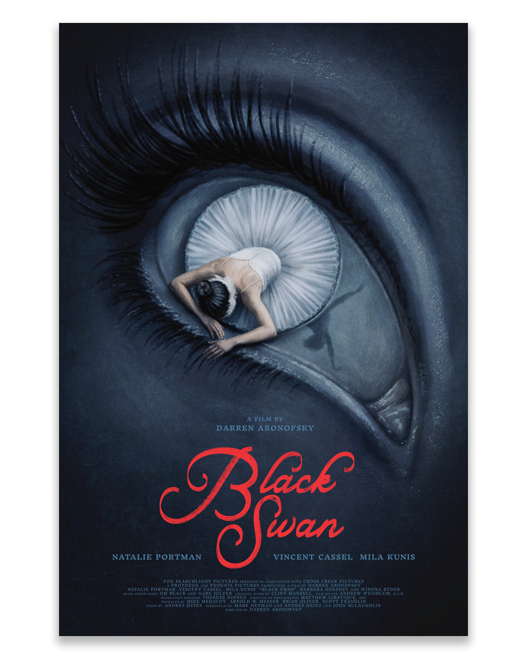 An Aleksander Walijewski Black Swan print featuring a ballerina curled inside a giant human eye, with the movie title in red script at the bottom.