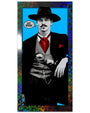 A man dressed as an Old West cowboy in a black hat and suit, red vest and tie, sits confidently with one hand on his belt. A speech bubble says "Say when!" Artwork by Matt Dye with a blue background and screen print holographic border.