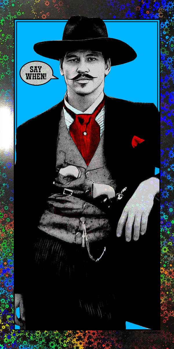 Vintage-style illustration of a man in a suit with a colorful border