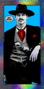 A stylized Matt Dye illustration of a man in an Old West outfit—black hat, red tie, holstered guns—saying “Say when!” on a bright blue background with a rainbow metallic foil border.
