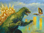 A large, green Godzilla with glowing fins faces a giant moth above yellow skyscrapers under a cloudy sky in this epic Bob Eggleton artwork, capturing the energy of a video game-inspired battle scene.