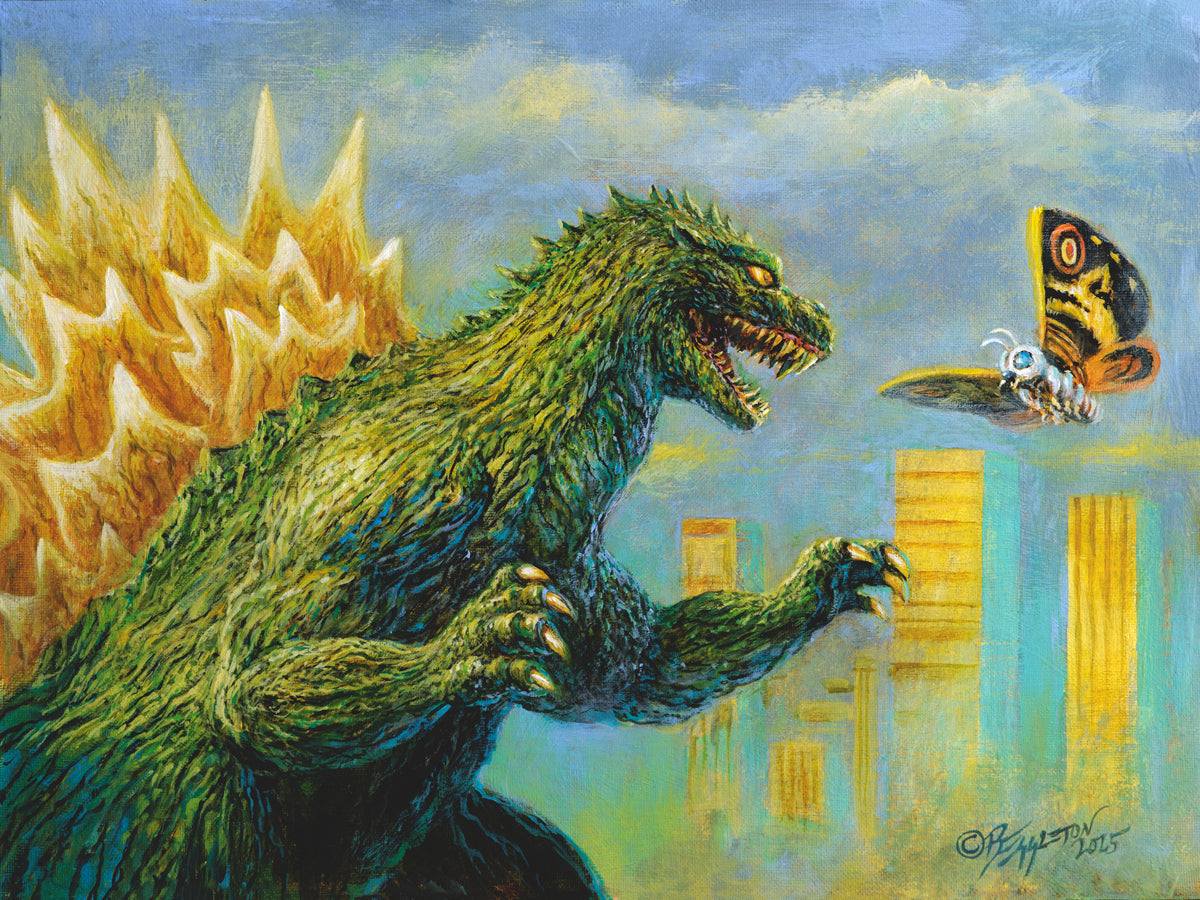 A large, green Godzilla with glowing fins faces a giant moth above yellow skyscrapers under a cloudy sky in this epic Bob Eggleton artwork, capturing the energy of a video game-inspired battle scene.