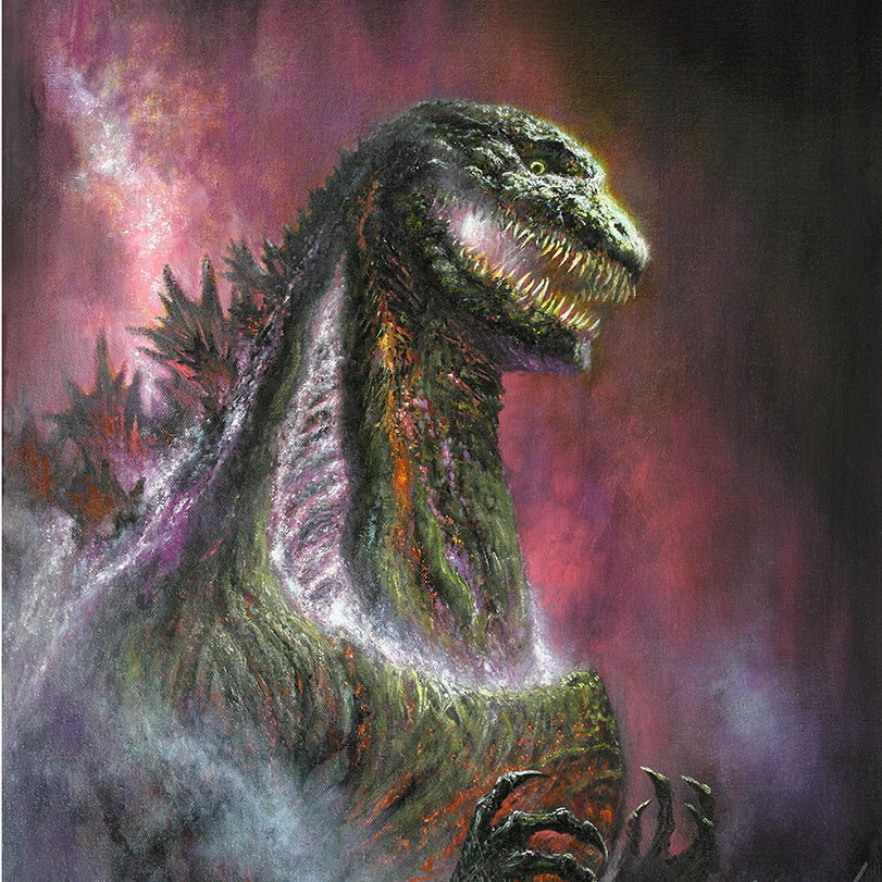 Painting of Shin Godzilla on a pink, purple and black background