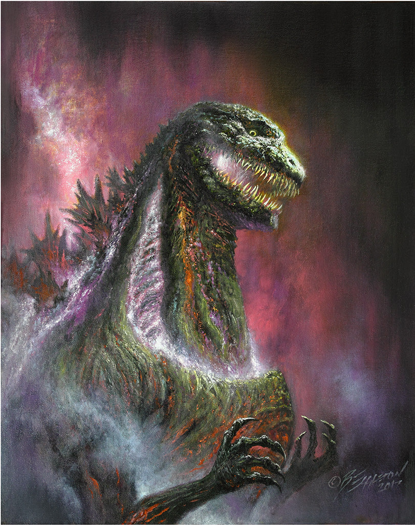 Painting of Shin Godzilla on a pink, purple and black background