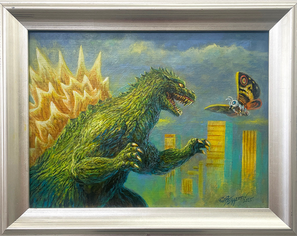 A framed Bob Eggleton Godzilla art print featuring Godzilla and Mothra facing off in a cityscape with skyscrapers and a dramatic sky, inspired by Destroy All Monsters Melee—perfect for any video game-themed exhibition.