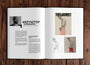 An open Paragon Books volume on wood displays an article on Krzysztof Domaradzki, with the left page featuring his photo and bio, while The Machinist fine art sketches adorn the right, resembling detailed movie poster artwork.