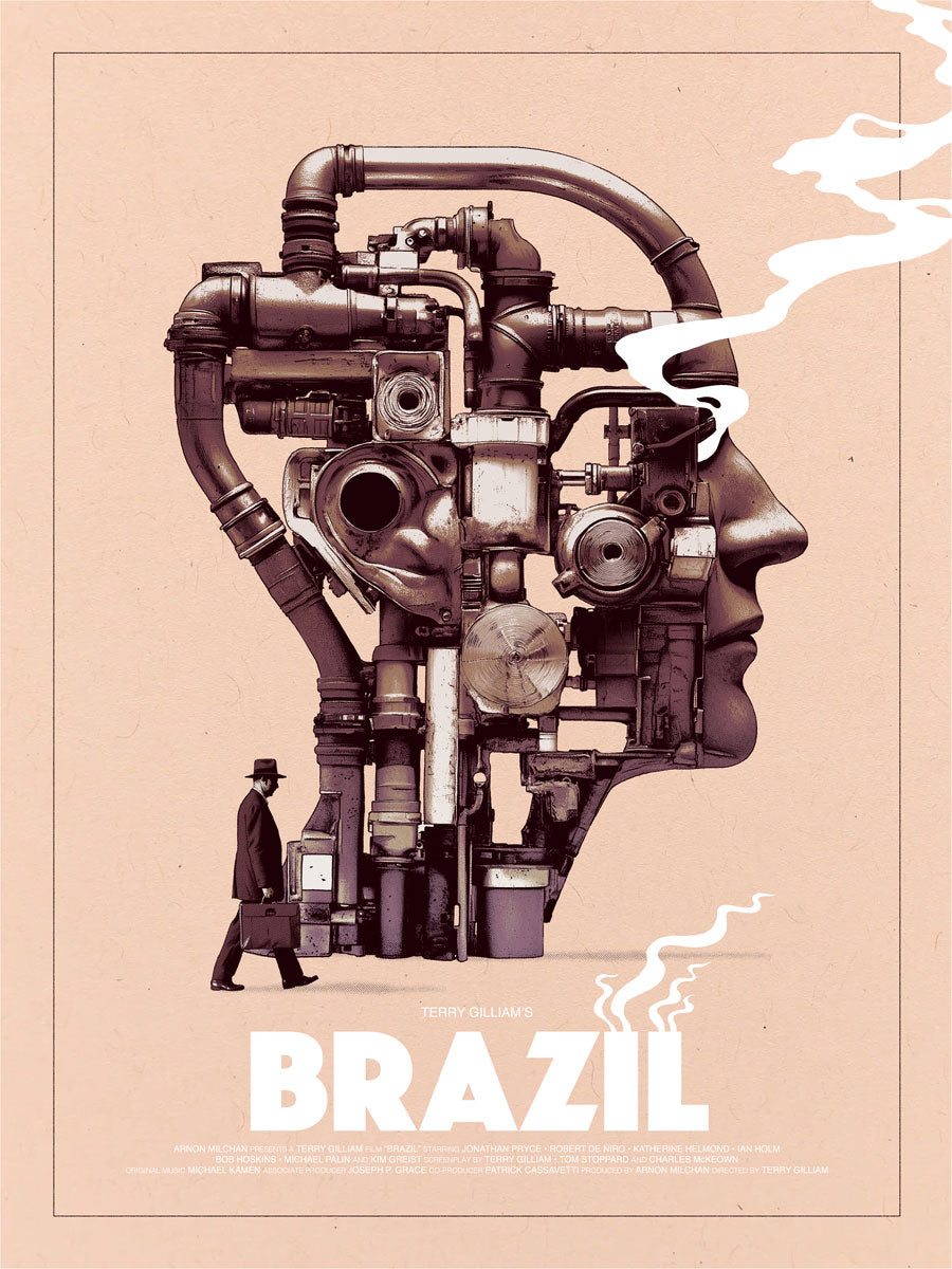 A man in a suit with a briefcase walks by a surreal, head-shaped machine of pipes and gears, white smoke outlining its form. BRAZIL appears boldly below in the style of a Matthew Woodson screen print. Brand: Matthew Woodson.
