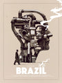 A man in a suit and hat walks past a massive mechanical head of pipes and gears, with smoke forming BRAZIL below—an eye-catching screen print from brand Matthew Woodson, enhanced with metallic inks.