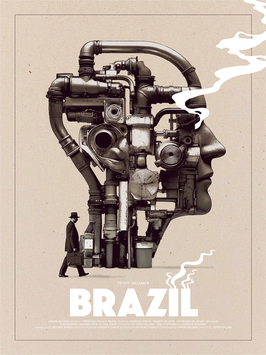 A man in a suit and hat walks past a massive mechanical head of pipes and gears, with smoke forming BRAZIL below—an eye-catching screen print from brand Matthew Woodson, enhanced with metallic inks.