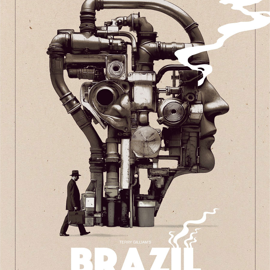 A man in a suit and hat walks past a massive mechanical head of pipes and gears, with smoke forming BRAZIL below—an eye-catching screen print from brand Matthew Woodson, enhanced with metallic inks.