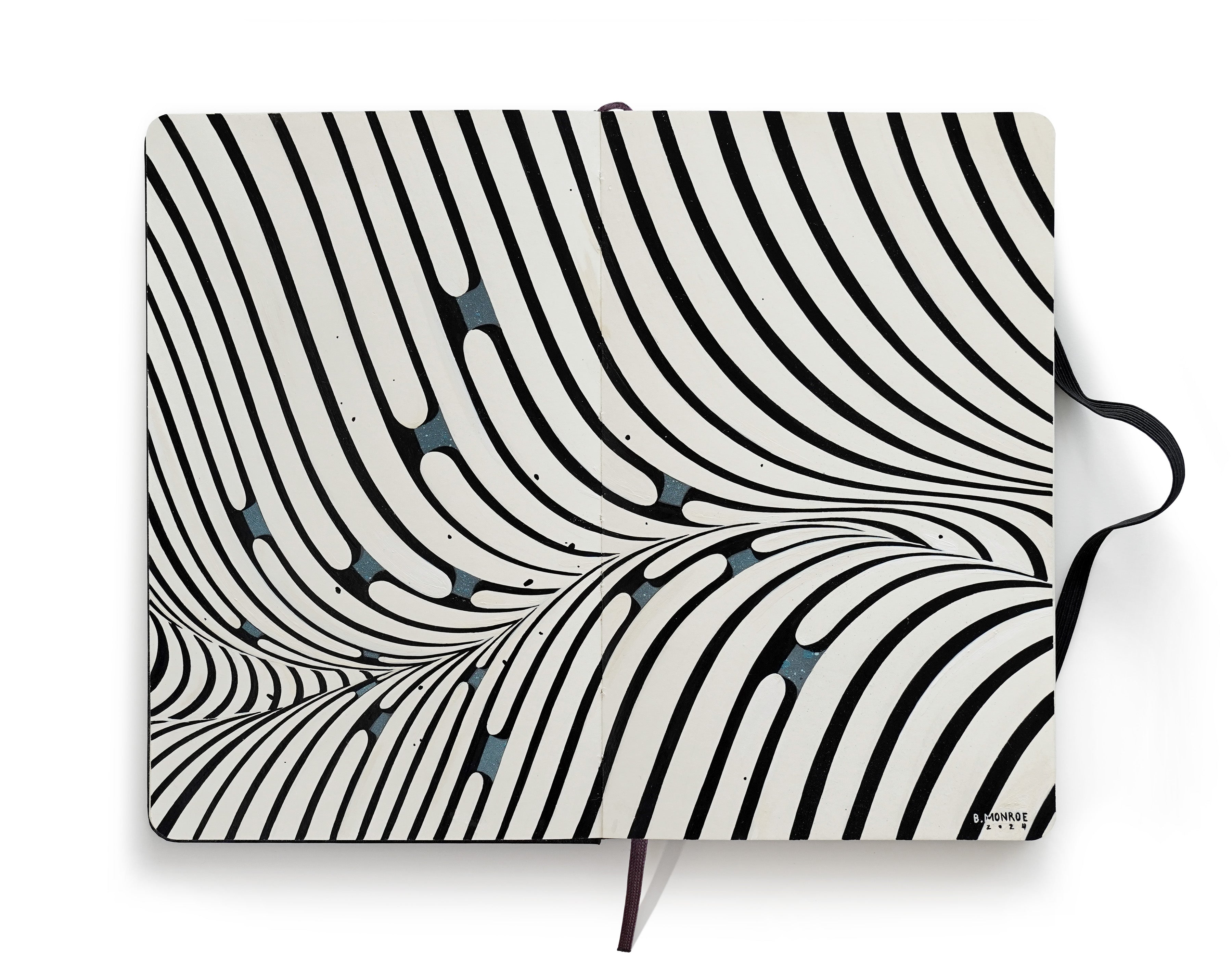 painting on an open faced Moleskine notebook of black and white lines and curves by artist Brendan Monroe